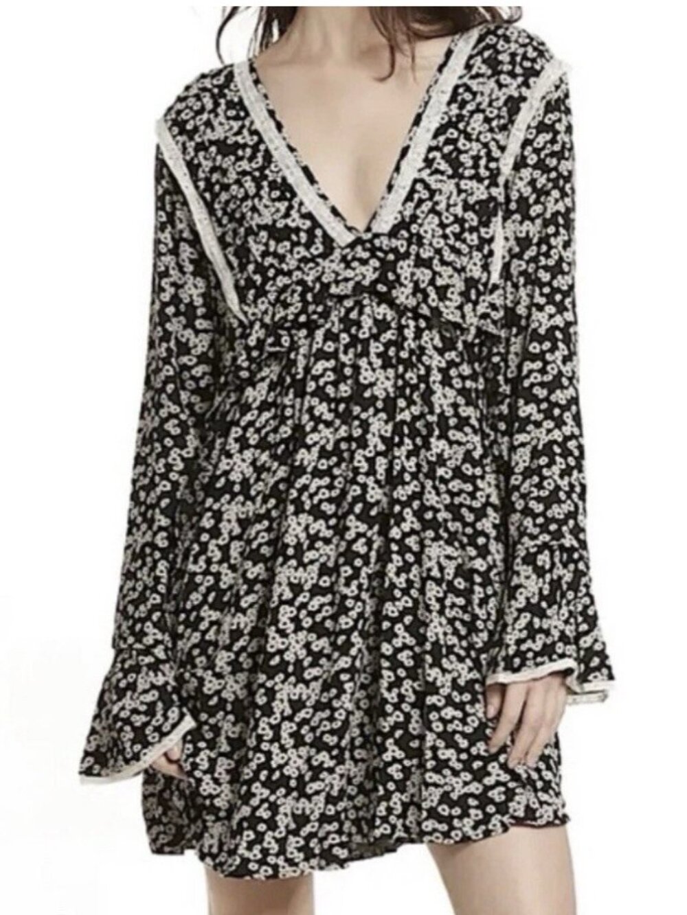 Free People Women's Large Like You Best Mini Dress Floral Bell Sleeve
